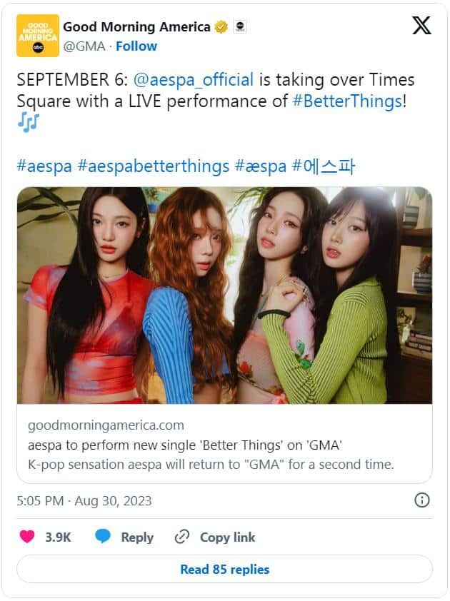 aespa вернутся на «Good Morning America», чтобы исполнить песню «Better Things»