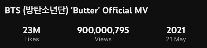 «Butter» стал восьмым клипом BTS, набравшим 900 млн просмотров на YouTube