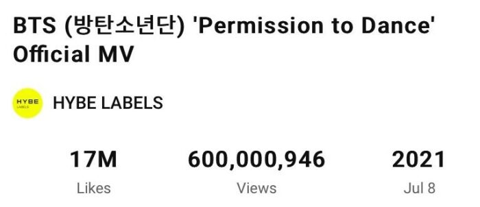 «Permission To Dance» стал 12-м клипом BTS, достигшим 600 млн просмотров