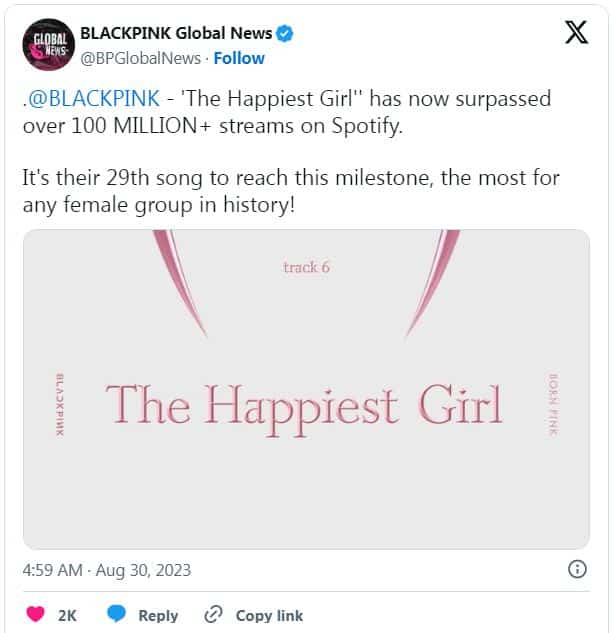 «The Happiest Girl» стала 29-й песней BLACKPINK, превысившей 100 млн стримов на Spotify