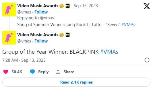 BLACKPINK стали «Группой года», а Чонгук из BTS победил в номинации «Песня лета» на MTV Music Video Awards