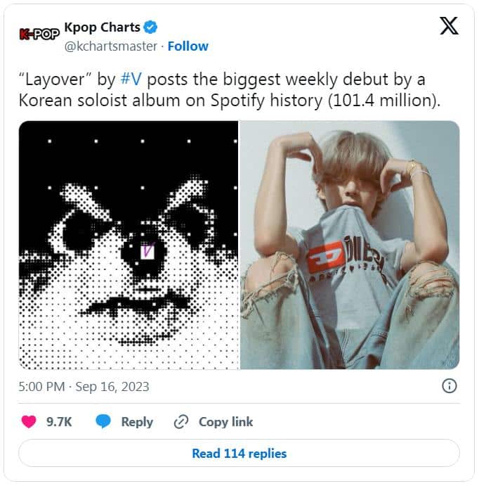 «Layover» Ви из BTS — первый альбом К-поп солиста, превысивший 100 млн стримов на Spotify за дебютную неделю