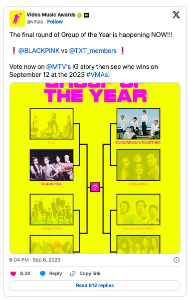 BLACKPINK и TXT стали финалистами в номинации "Группа года" на VMA