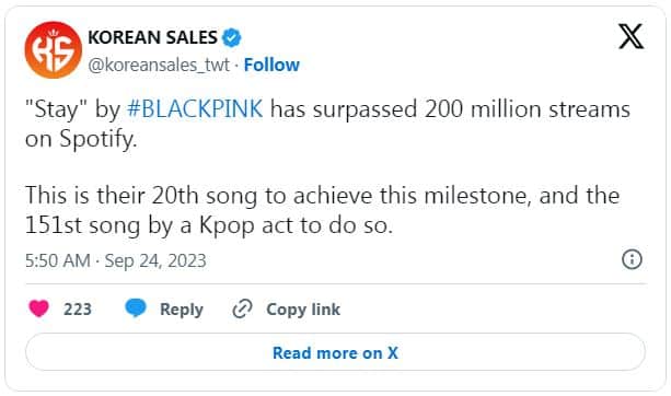BLACKPINK стали первой женской группой, 20 песен которой превысили 200 млн стримов на Spotify
