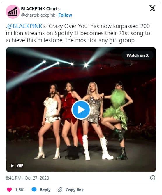 BLACKPINK — единственная женская группа, у которой 21 песня превысила 200 млн стримов на Spotify