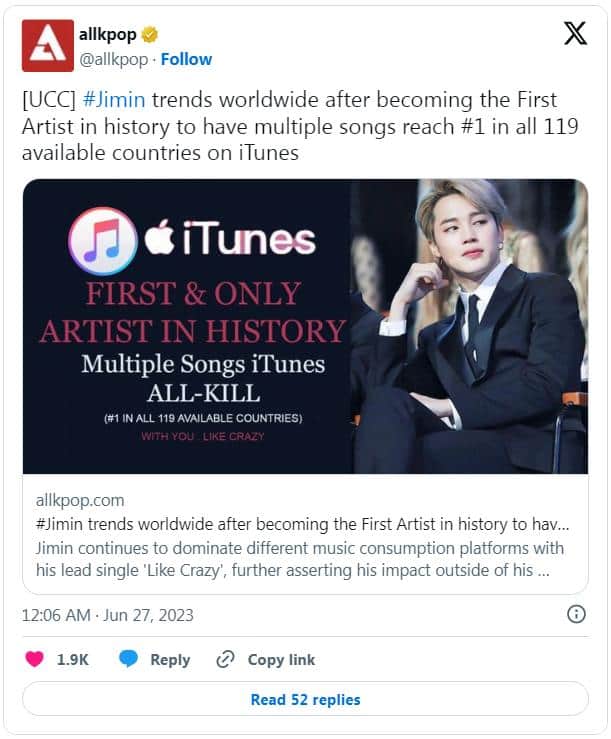 Чимин из BTS вошел в историю как первый артист в мире, 3 песни которого возглавили iTunes в 118 странах