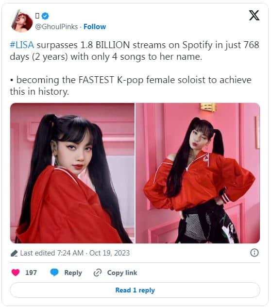 Лиса из BLACKPINK установила рекорд, преодолев 1,8 миллиарда общих стримов на Spotify быстрее всех среди К-поп солисток