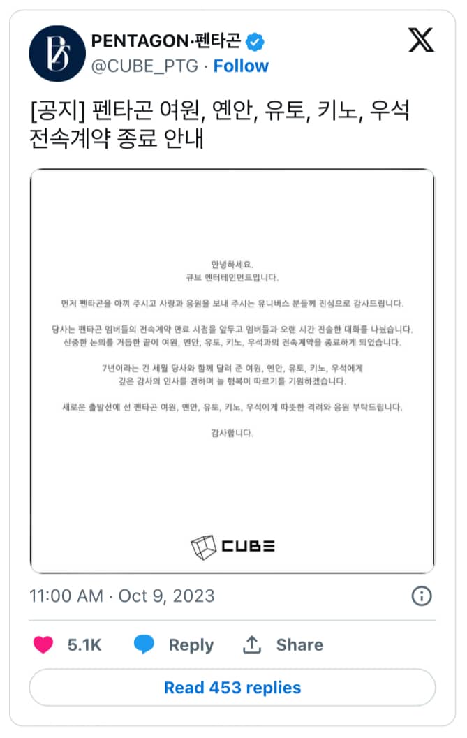 Cube Entertainment объявили, что пять участников PENTAGON покинут компанию