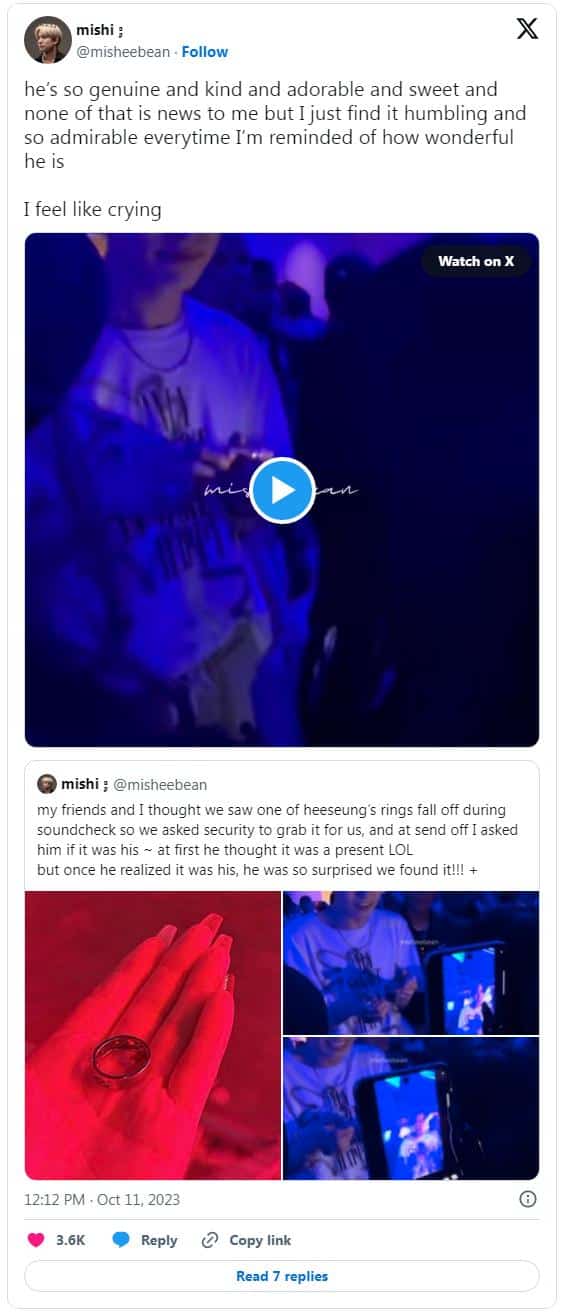 Фанатка нашла и вернула Хисыну из ENHYPEN кольцо, которое он потерял на концерте