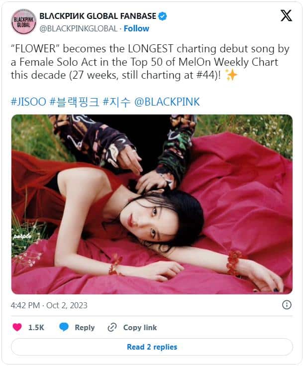 Песня Джису из BLACKPINK «Flower» установила новый рекорд, оставаясь в Топ-50 MelOn дольше всех среди дебютных песен солисток в этой декаде