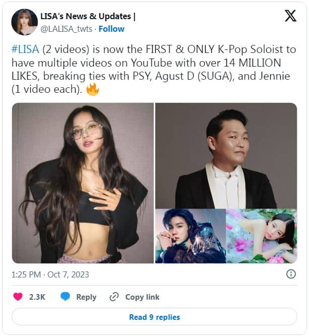 Лиса из BLACKPINK побила рекорд среди К-поп солистов: два ее видео набрали по 14 млн лайков на YouTube