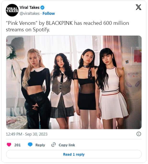 BLACKPINK — первая женская группа, 4 песни которой достигли 600 млн стримов на Spotify