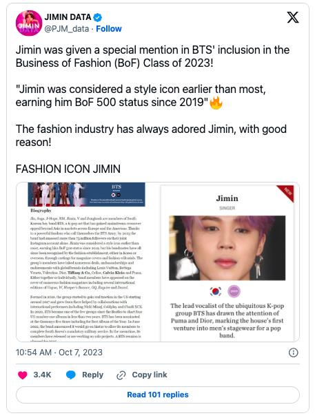 BTS присоединились к "BoF 500 Class of 2023": Чимин получил особое упоминание, продемонстрировав свое влияние в мире моды