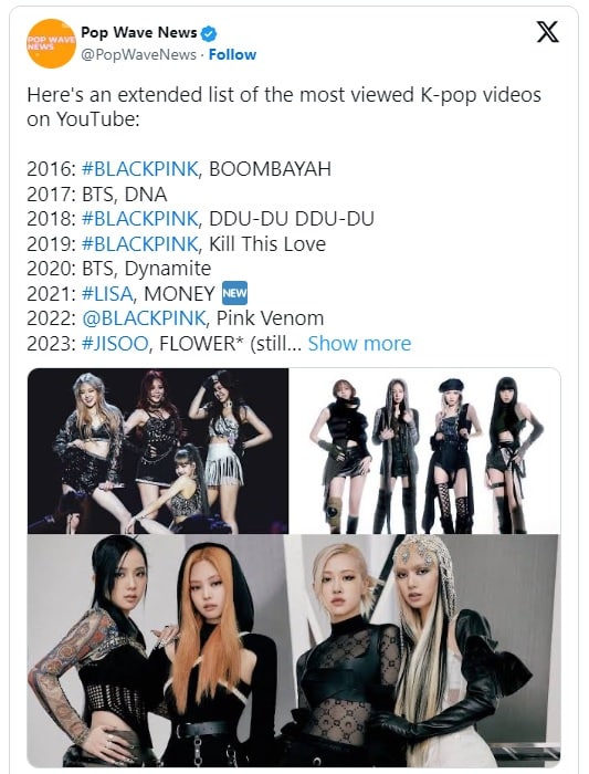 «MONEY» Лисы из BLACKPINK превзошёл по просмотрам «BUTTER» BTS и стал самым просматриваемым K-Pop клипом, выпущенным в 2021 году