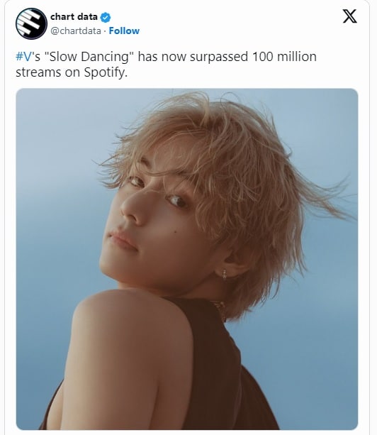 «Slow Dancing» стала шестой песней Ви из BTS, которая превзошла 100 миллионов прослушиваний на Spotify