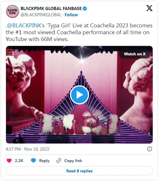 Выступление BLACKPINK с «Typa Girl» на Coachella стало самым просматриваемым выступлением с фестиваля на YouTube