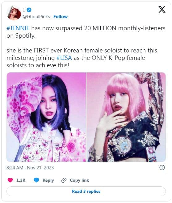 Дженни и Лиса из BLACKPINK — единственные К-поп солистки, превысившие 20 миллионов ежемесячных слушателей на Spotify