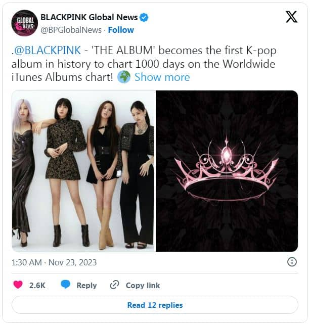 Альбом BLACKPINK «THE ALBUM» стал первым К-поп альбомом, который продержался 1000 дней в Worldwide iTunes Albums