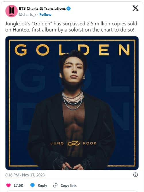 Альбом Чонгука из BTS «Golden» стал первым сольным альбомом в истории Hanteo, превысившим 2,5 миллиона проданных копий