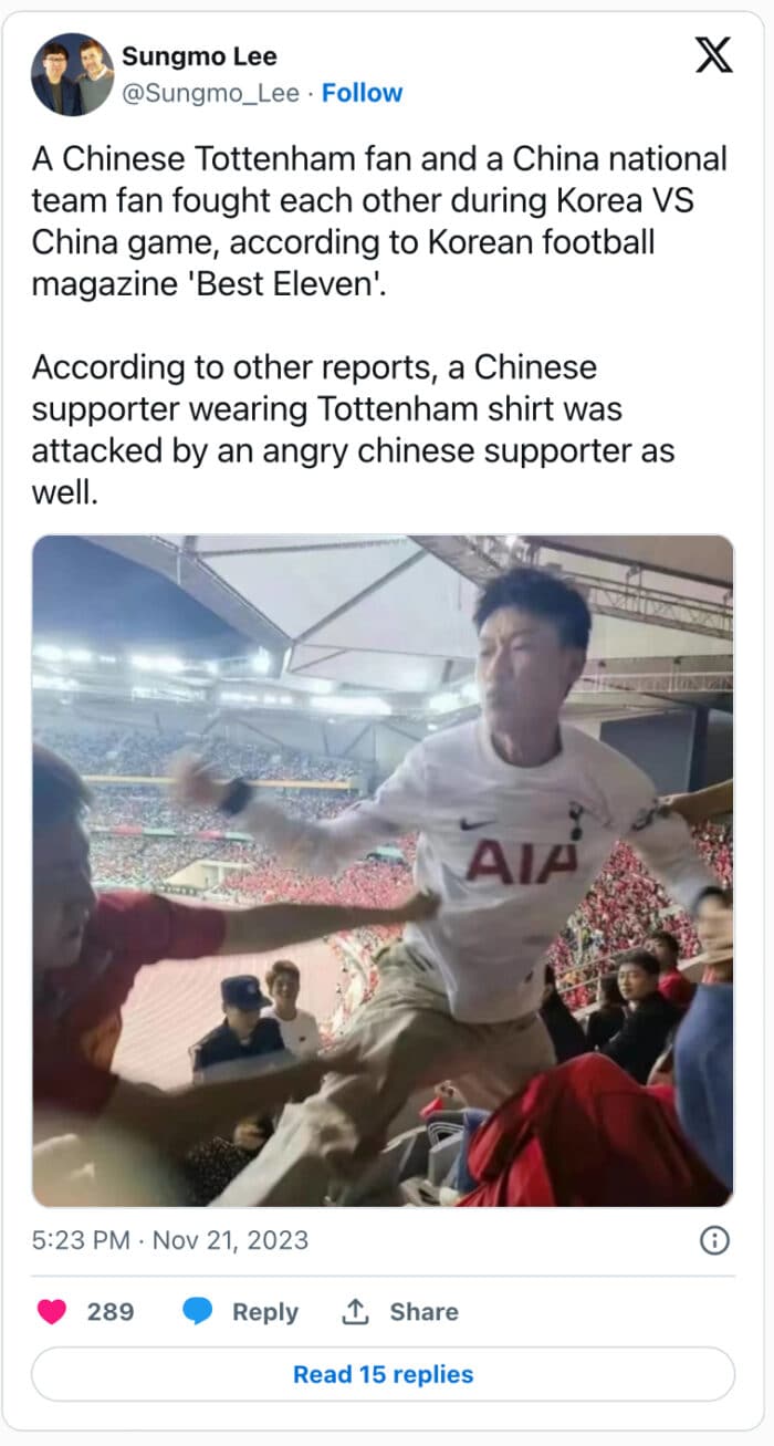Завирусилось видео со стычкой между фанатами Сон Хын Мина и болельщиками китайской сборной после победы Южной Кореи над Китаем