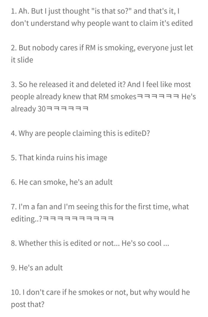 RM из BTS случайно опубликовал фото с сигаретой? Нетизены отреагировали на пост айдола