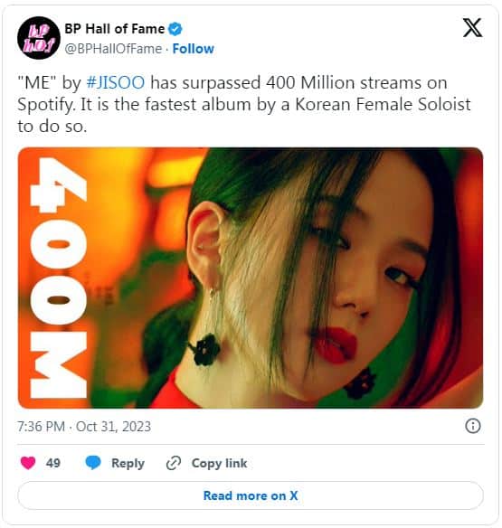 Альбом Джису из BLACKPINK «ME» стал самым быстрым альбомом корейской солистки, достигшим 400 млн стримов на Spotify