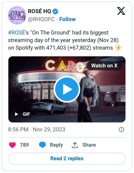 Розэ из BLACKPINK превысила 700 миллионов общих прослушиваний на Spotify