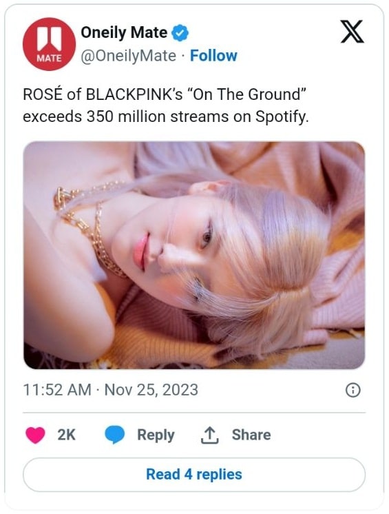 Розэ из BLACKPINK превысила 700 миллионов общих прослушиваний на Spotify
