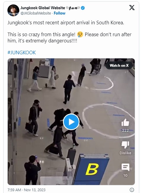 Новое видео прибытия Чонгука из BTS в аэропорт вызвало ещё больше опасений за безопасность айдола