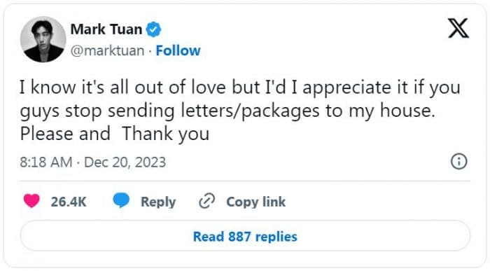 Марк Туан из GOT7 просит фанатов не присылать подарки к нему домой