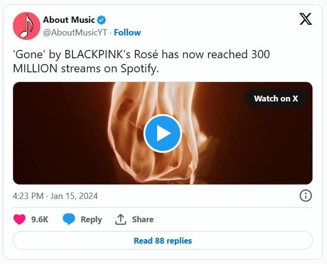 Розэ из BLACKPINK достигла 300 млн прослушиваний на Spotify с «GONE» — это ее вторая песня с таким достижением