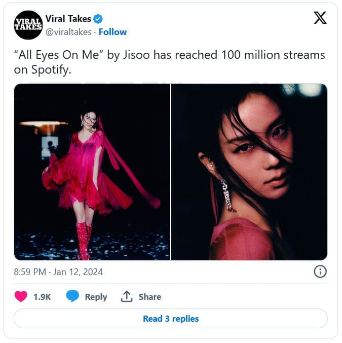 «All Eyes On Me» — вторая сольная песня Джису из BLACKPINK, достигшая 100 миллионов прослушиваний на Spotify