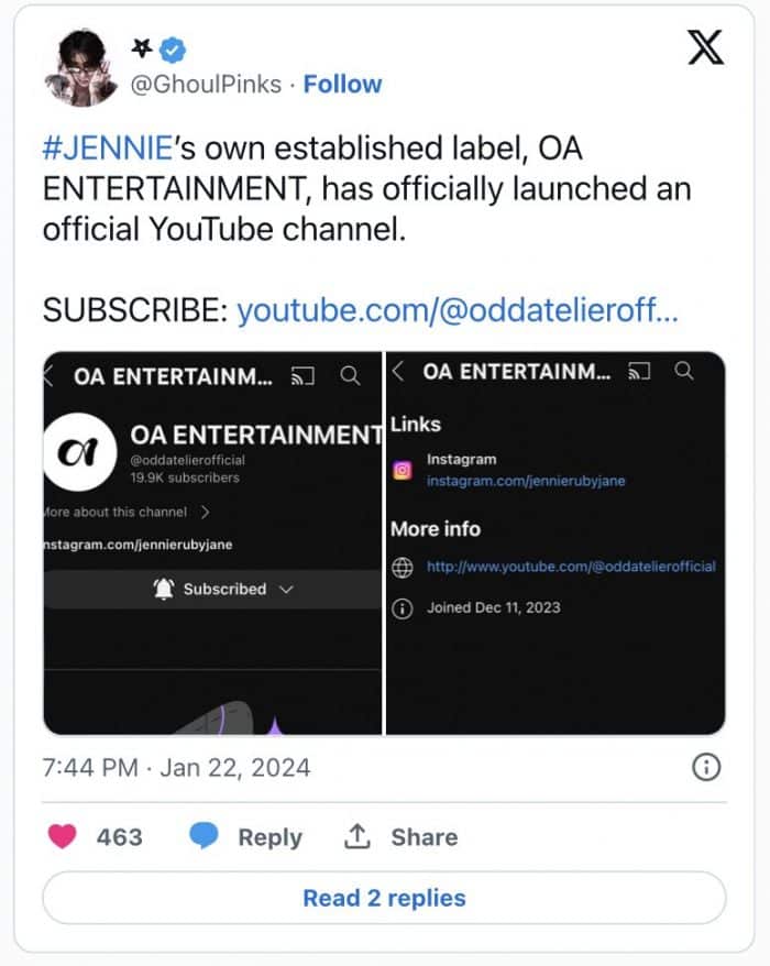 У лейбла Дженни из BLACKPINK "ODD ATELIER" появился официальный YouTube-канал