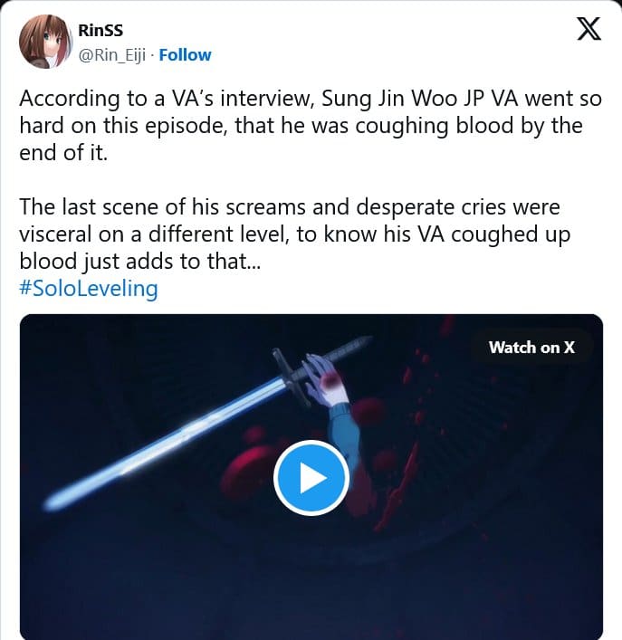 По сообщениям, сэйю аниме "Поднятие уровня в одиночку" "кашлял кровью", записывая 4-й эпизод