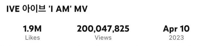 Клип IVE «I AM» стал их четвертым клипом, набравшим 200 миллионов просмотров