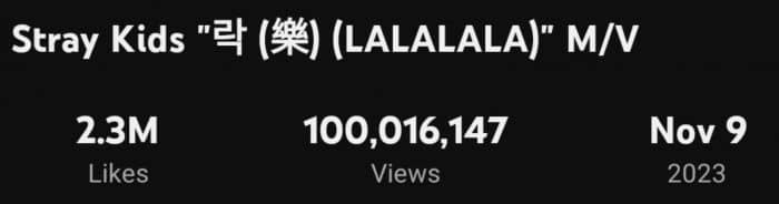 Клип Stray Kids «LALALALA» стал их 11-м клипом, набравшим 100 миллионов просмотров