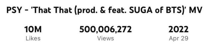 Клип PSY и Шуги из BTS «That That» набрал 500 миллионов просмотров на YouTube
