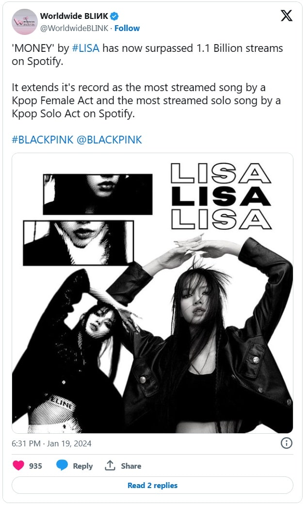 «MONEY» Лисы из BLACKPINK — первая песня женского К-поп артиста, превысившая 1,1 миллиарда прослушиваний на Spotify