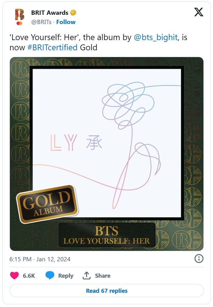 BTS получили золотой сертификат в Великобритании с «Love Yourself: Her» — это их 7-й альбом с таким достижением