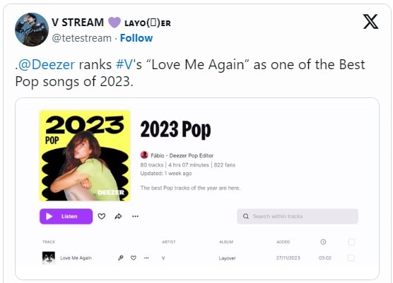 Треки Ви из BTS из альбома «Layover» вошли в списки лучших песен 2023 года Apple Music, Consequence of Sound и других