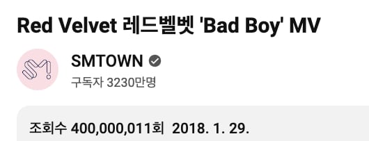 Клип на песню Red Velvet “Bad Boy” преодолел отметку в 400 миллионов просмотров