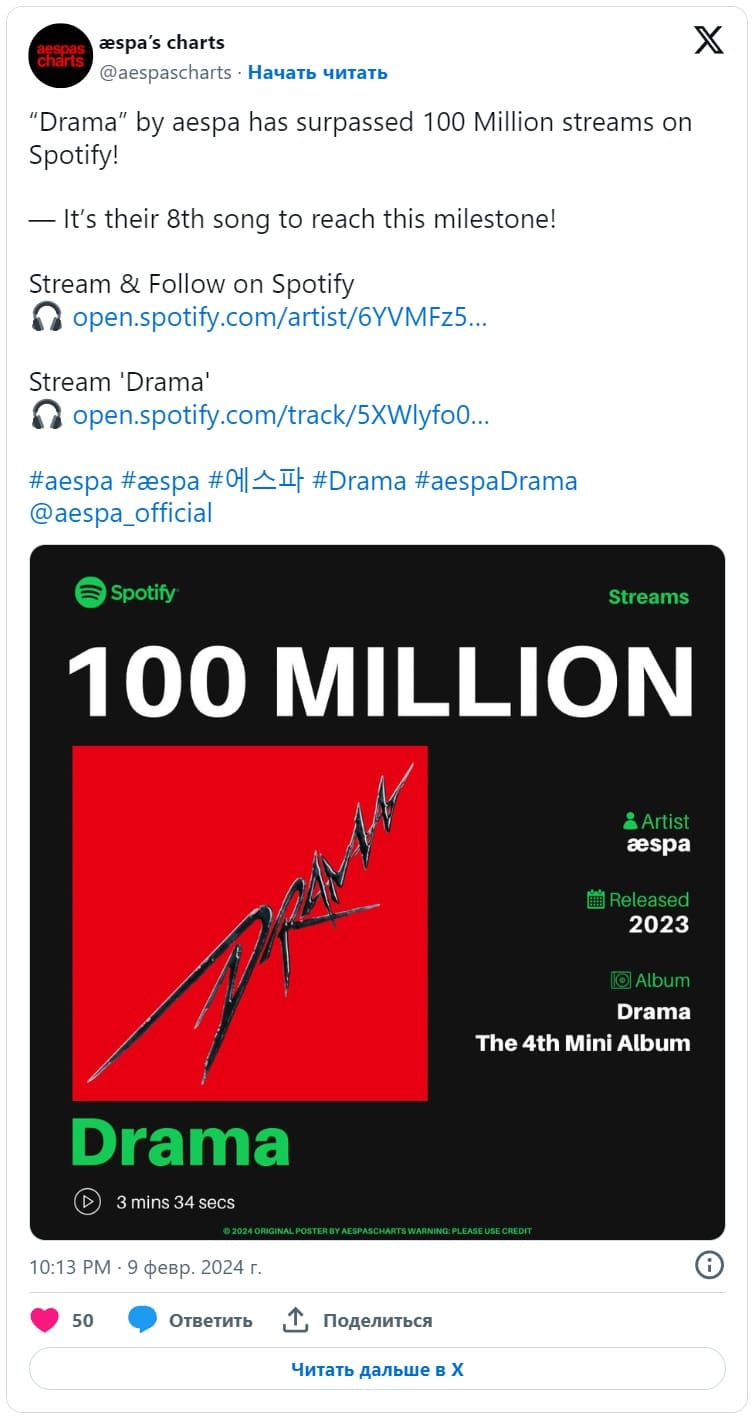 Песня aespa «Drama» превысила 100 миллионов прослушиваний на Spotify