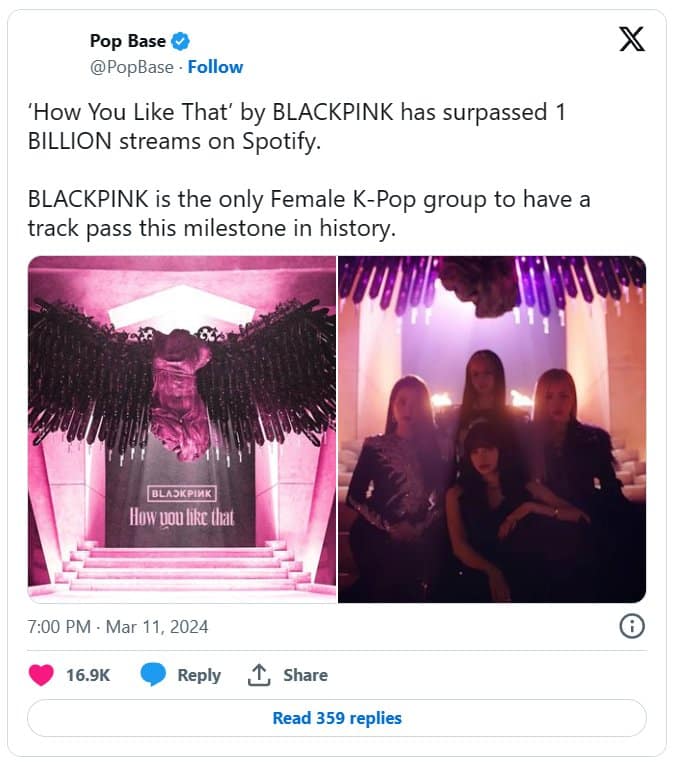 Хит BLACKPINK «How You Like That» — первая песня женской K-pop группы, превысившая 1 миллиард прослушиваний на Spotify