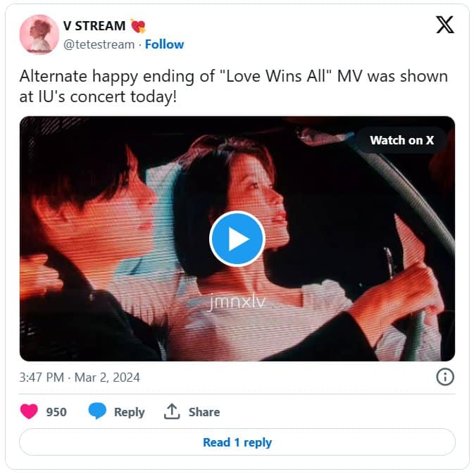 АйЮ показала альтернативный счастливый финал клипа «Love Wins All» с Ви из BTS на своем концерте