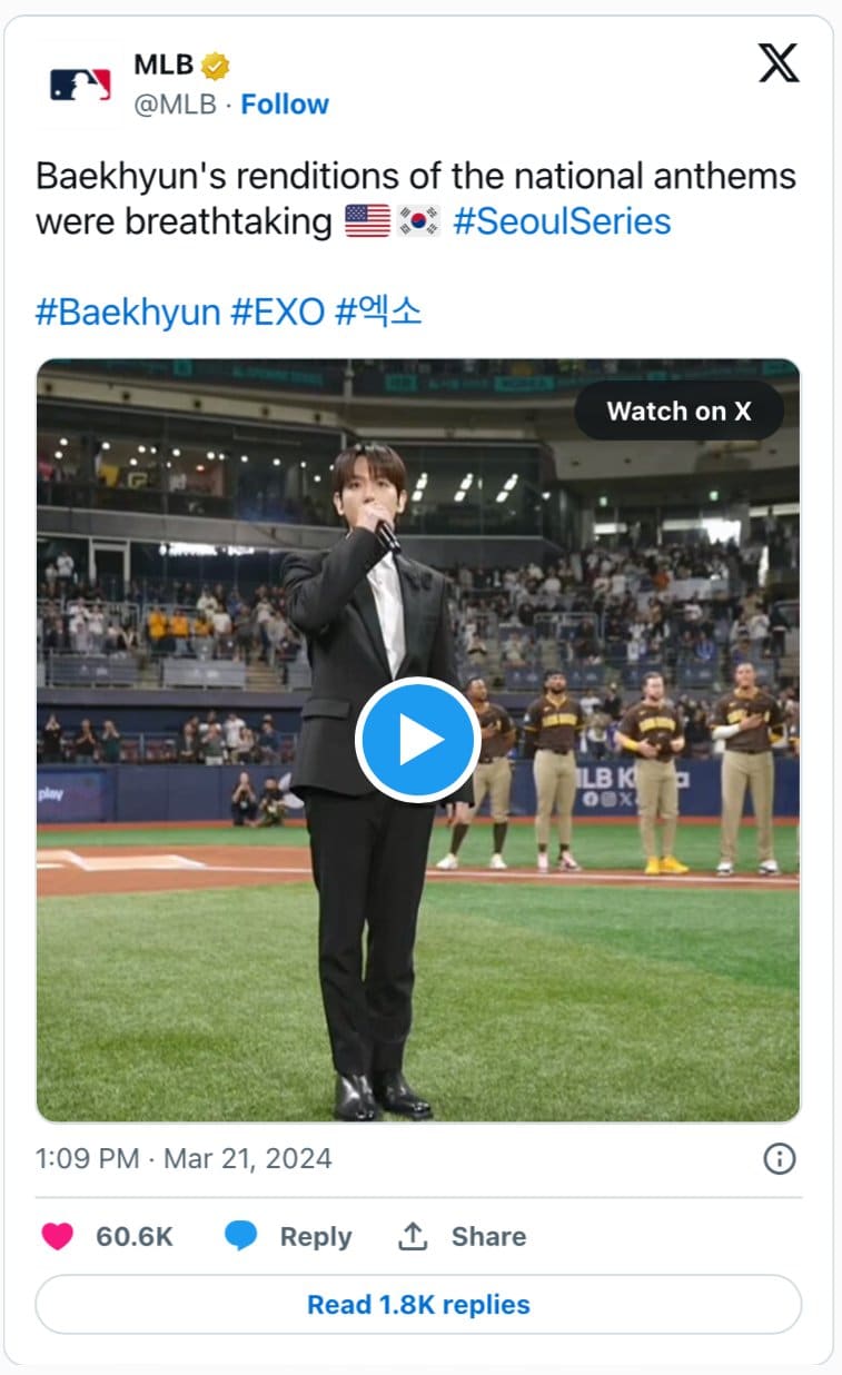 Бэкхёна из EXO похвалили за исполнение гимнов Соединенных Штатов и Южной Кореи на "2024 MLB World Tour: Seoul Series"