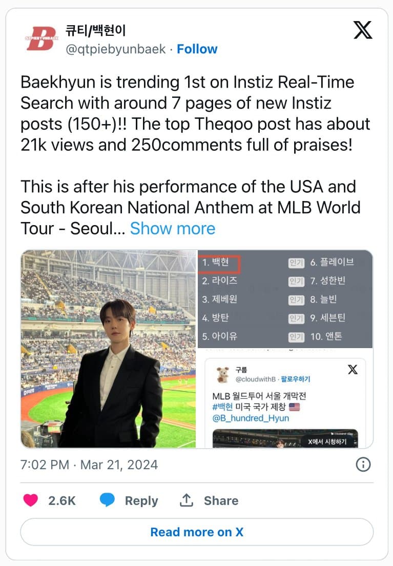 Бэкхёна из EXO похвалили за исполнение гимнов Соединенных Штатов и Южной Кореи на "2024 MLB World Tour: Seoul Series"