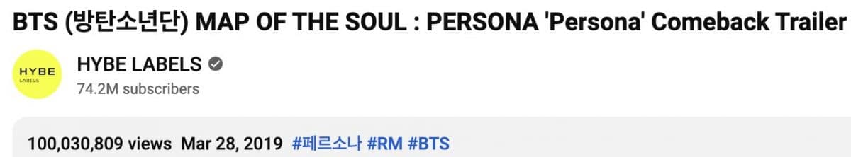 Трейлер BTS «Persona» с RM достиг 100 миллионов просмотров на YouTube