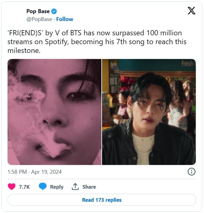 «FRI(END)S» стала седьмой песней Ви из BTS, набравшей 100 миллионов прослушиваний на Spotify