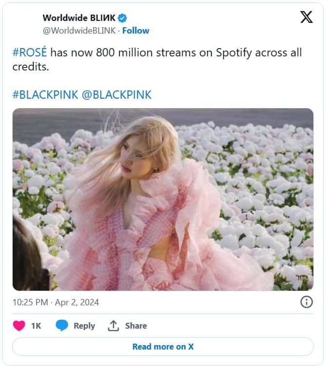 Розэ из BLACKPINK превысила 800 миллионов совокупных прослушиваний на Spotify