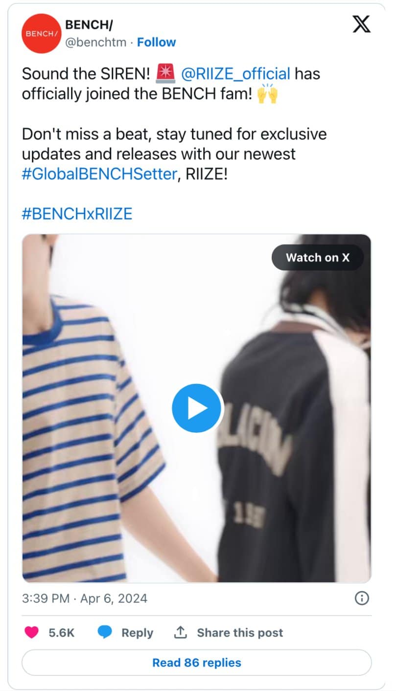 RIIZE были выбраны в качестве глобальных амбассадоров филиппинского бренда одежды BENCH/